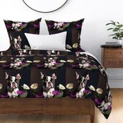 Boston Terrier dog white flowers and purple flowers 18 inch panel