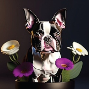 Boston Terrier dog white flowers and purple flowers 18 inch panel