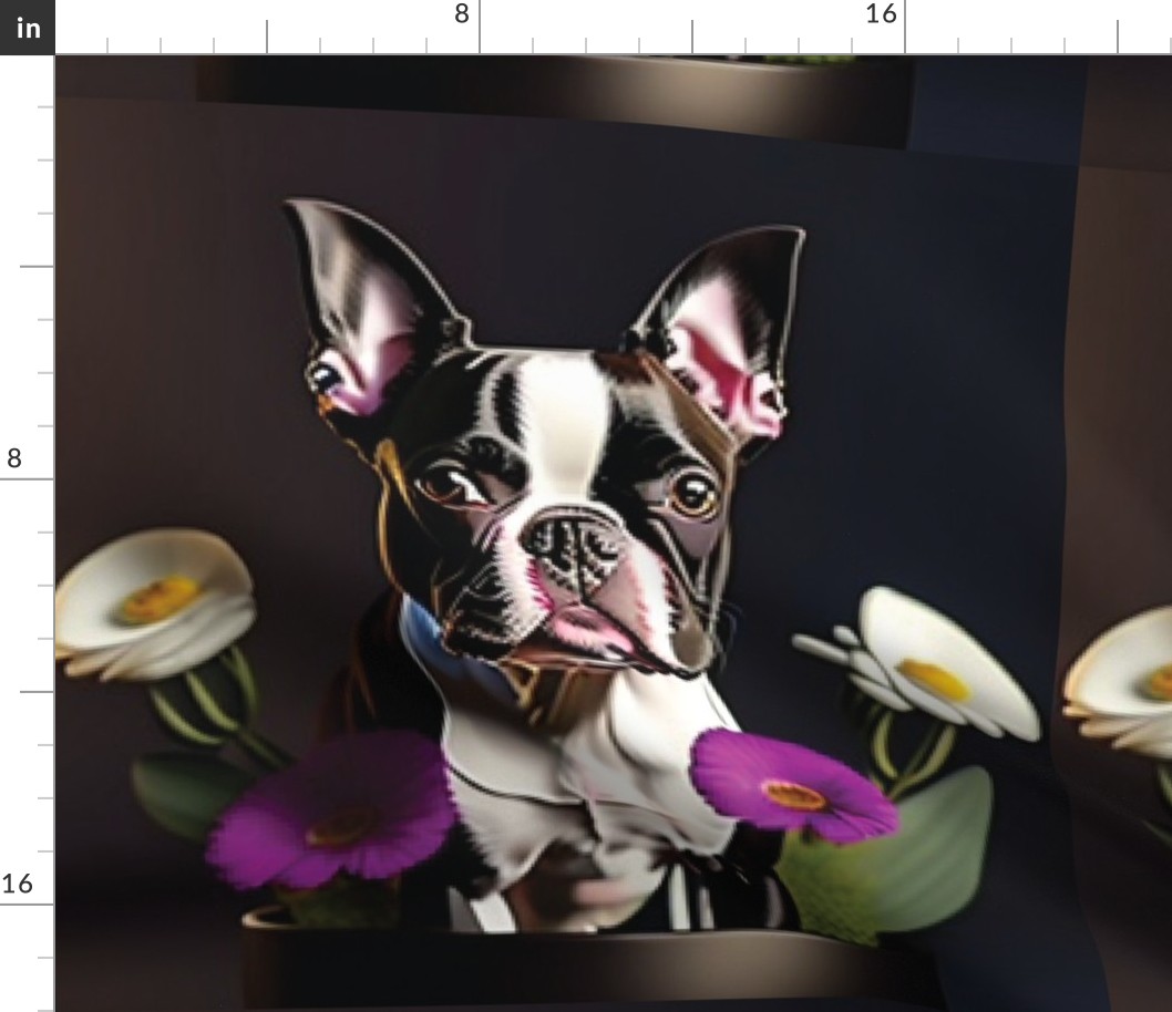 Boston Terrier dog white flowers and purple flowers 18 inch panel