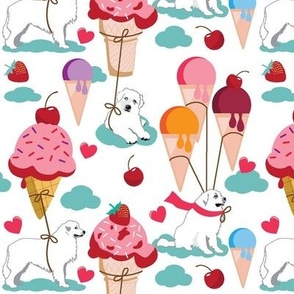 medium print // Great Pyrenees dogs strawberry ice cream cone, cherry ice cream