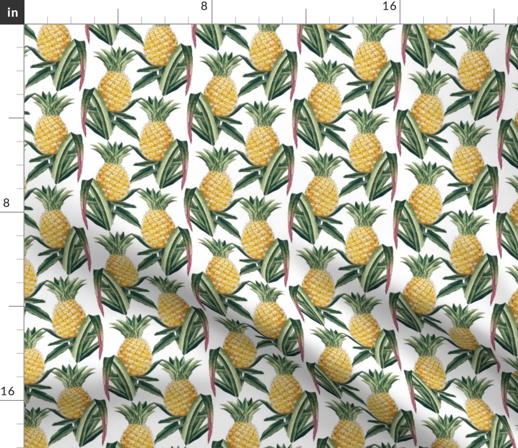 Vintage Hawaiian Pineapple Print in Yellow and Green on a White Ground