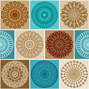 Mandala Brick Square Geometric Patchwork // Turquoise Blue, Khaki, Tan, Dark Brown, White