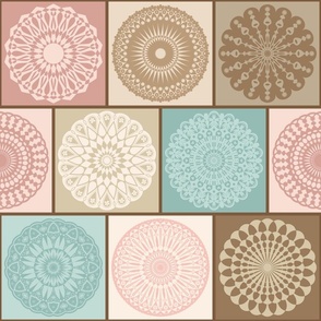 Mandala Brick Square Geometric Patchwork // Mauve, Desert Pink, Sand, Brown, Seafoam Blue-Green, Khaki Tan,