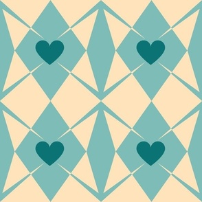 Large Scale Hearts and Arrows in Vanilla, Sea Glass and Teal Paducaru