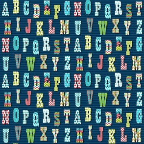 Colorful Patterned Alphabet with Horizontal Stripes // Flowers, Dots, Chevron // Midnight Blue, Sky Blue, Green, Red, White