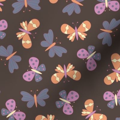 Lavender purple, slate blue, orange and yellow butterflies, brown background