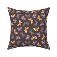 Lavender purple, slate blue, orange and yellow butterflies, brown background