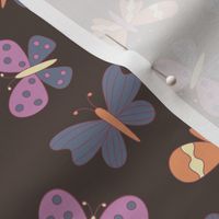 Lavender purple, slate blue, orange and yellow butterflies, brown background