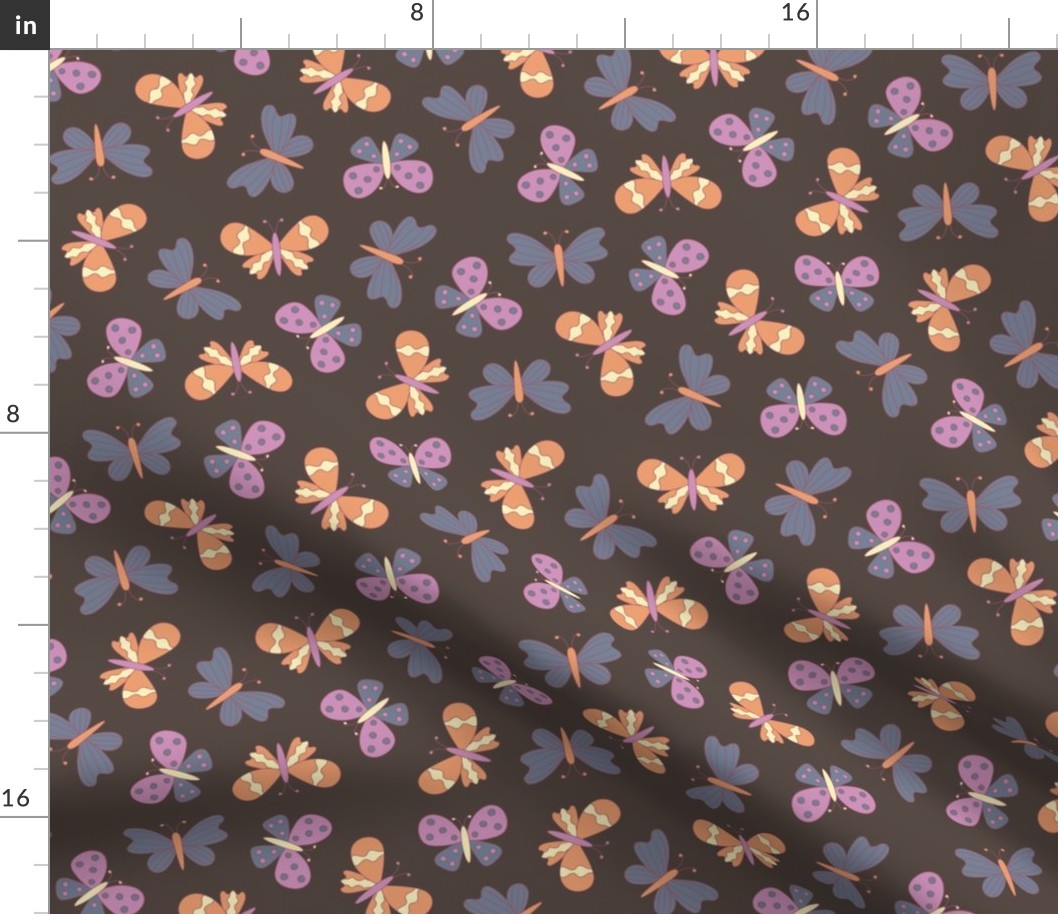 Lavender purple, slate blue, orange and yellow butterflies, brown background