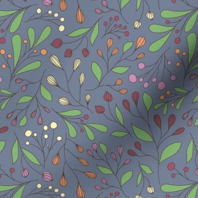 Dusty red, lavender purple, yellow, and orange stylized flowers, slate blue background