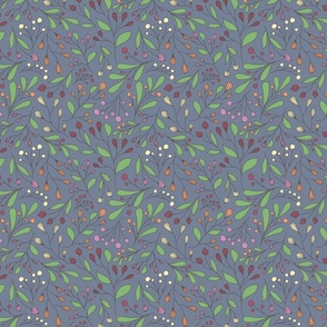 Dusty red, lavender purple, yellow, and orange stylized flowers, slate blue background