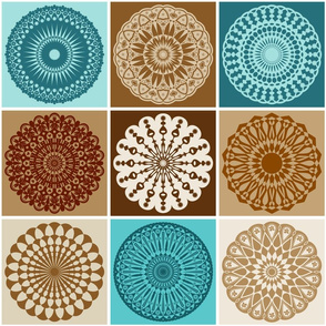 Mandala Geometric Patchwork Grid Squares // Turquoise Blue, Caribbean Blue, Khaki, Tan, Brown, Ivory and White
