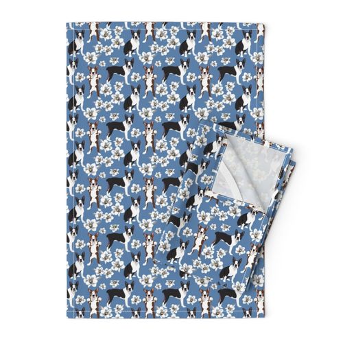 Boston Terrier Magnolia Flowers small print blue denim floral flower dog fabric puppy 