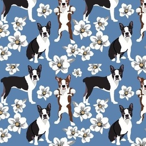 Boston Terrier Magnolia Flowers small print blue denim floral flower dog fabric puppy 