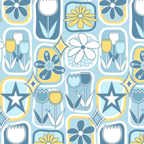 Mid Century Modern Flowers // Tulips, Daisies, Stars // Slate Blue, Denim Blue, Yellow and White // V3