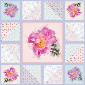 12x12-Inch Repeat of Peony Faux Quilt Top in Springtime Hues III