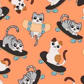 Cats Go Skateboarding! Pattern on Tangerine