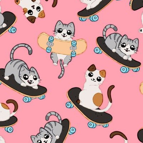 Cats Go Skateboarding! Pattern on Pink