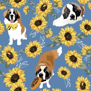 St Bernard dogs and Yellow Sunflowers blue background  Mary's Griffyn