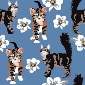 Cat and Kitten Blue Denim  with white Magnolia flowers Large Print Cat Fabric