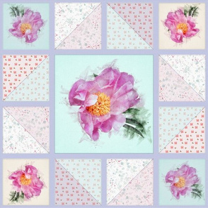 12x12-Inch Repeat of Peony Faux Quilt Top in Springtime Hues V