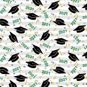 Tossed Graduation Caps with Green 2021, Gold & Silver Confetti (Extra Small Size)
