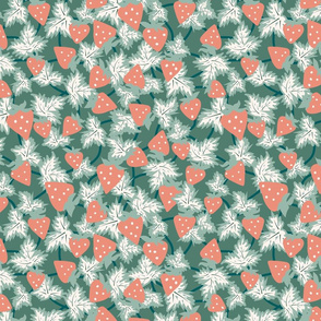 Strawberry Patch- Salmon Coral Jade on Green Cyan- Regular Scale