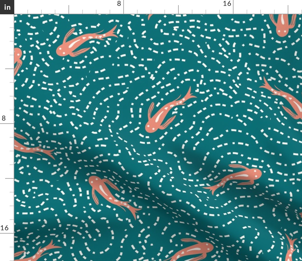 Common Carp- Salmon Coral on Teal- Large Scale