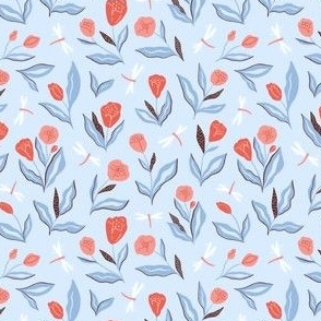 Ditsy floral pattern with dragonflies