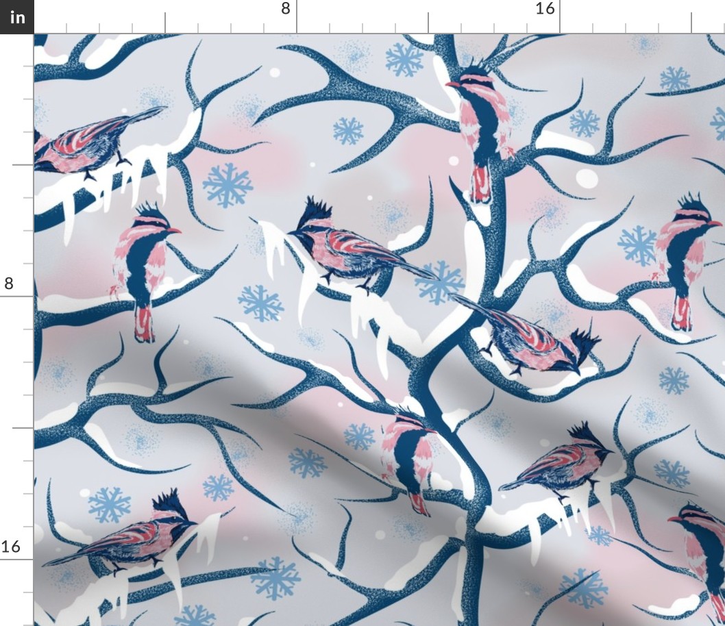 Frozen Magic- Winter Dawn with Birds on snowy branches- Large Scale