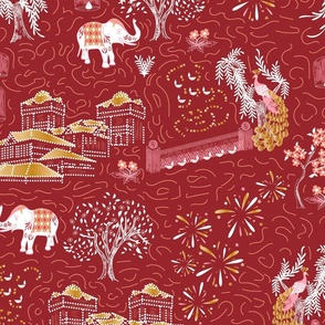 Celebration Toile- Festival of Lights- White and Gold on Ruby Red- Large Scale