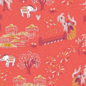 Celebration Toile- Festival of Lights- White Gold Boysenberry on Coral- Large Scale