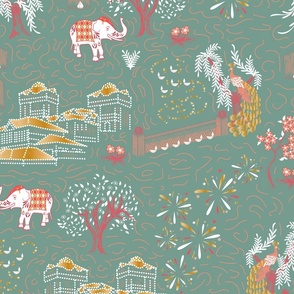 Celebration Toile- Festival of Lights- White Gold Coral on Jade- Large Scale