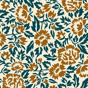 Royal-Tea Florals- Ivory Golden Brown Midnight Teal- Large Scale