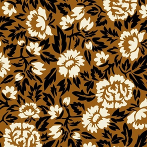 Royal-Tea Florals- Golden Brown Ivory Black- Large Scale