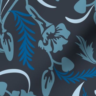 Nouveau Lunar Florals- Bengal Clockvine- Blue Charcoal- Large Scale