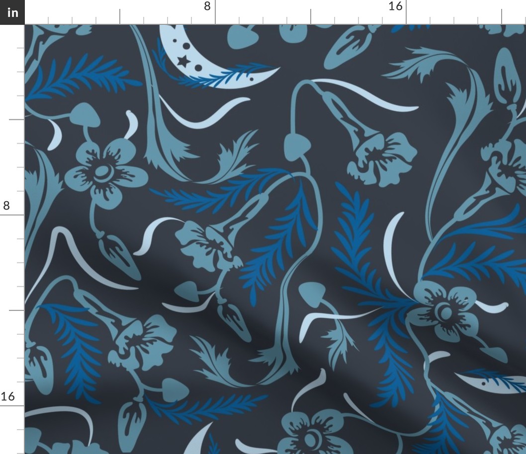 Nouveau Lunar Florals- Bengal Clockvine- Blue Charcoal- Large Scale