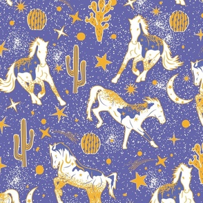 Magical West- Wild Horses in Mystical Desert- Periwinkle Yellow White- Large Scale