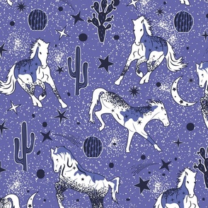 Magical West- Wild Horses in Mystical Desert- Periwinkle Navy White- Large Scale