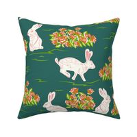 Rabbits in Roses- Easter Bunny in the Garden- Myrtle Green- Large Scale