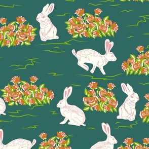 Rabbits in Roses- Easter Bunny in the Garden- Myrtle Green- Large Scale