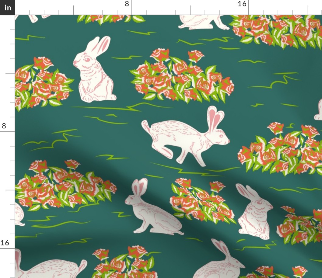 Rabbits in Roses- Easter Bunny in the Garden- Myrtle Green- Large Scale