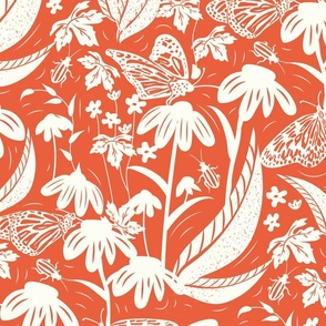 Botanical Block Print- Spring Wilderness- Orange-Red- Large Scale