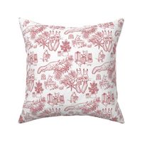 Woodland Christmas toile - red on white - happy woodland animals prepare for Christmas - tiny scale