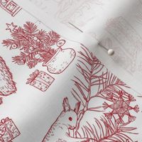 Woodland Christmas toile - red on white - happy woodland animals prepare for Christmas - tiny scale