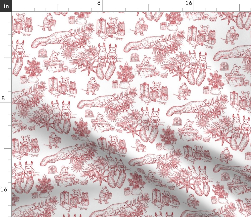 Woodland Christmas toile - red on white - happy woodland animals prepare for Christmas - tiny scale
