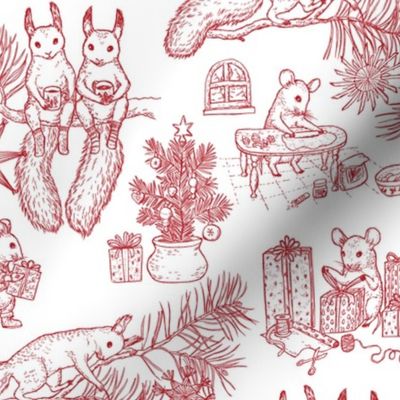 Woodland Christmas toile - red on white - happy woodland animals prepare for Christmas - small scale