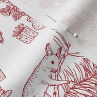Woodland Christmas toile - red on white - happy woodland animals prepare for Christmas - small scale