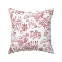 Woodland Christmas toile - red on white - happy woodland animals prepare for Christmas - small scale