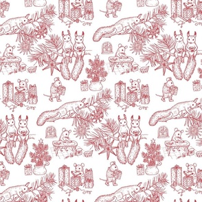 Woodland Christmas toile - red on white - happy woodland animals prepare for Christmas - small scale